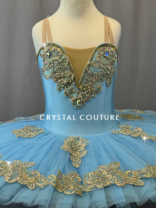 Sky Blue Platter Tutu with Gold Appliques and Rhinestones