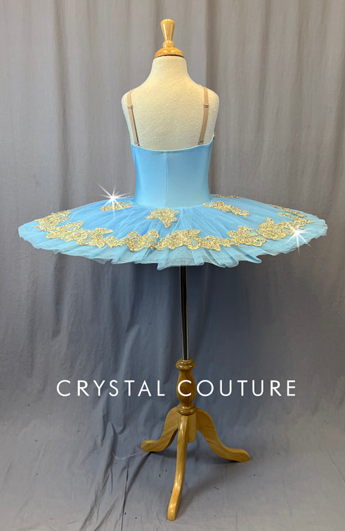 Sky Blue Platter Tutu with Gold Appliques and Rhinestones