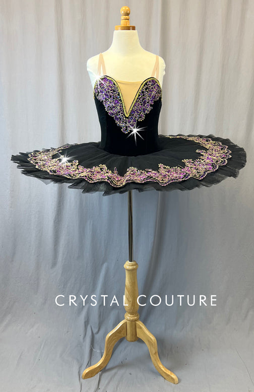 Black Platter Tutu with Purple and Gold Appliques - Rhinestones