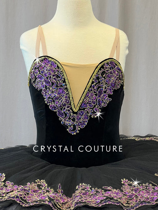 Black Platter Tutu with Purple and Gold Appliques - Rhinestones