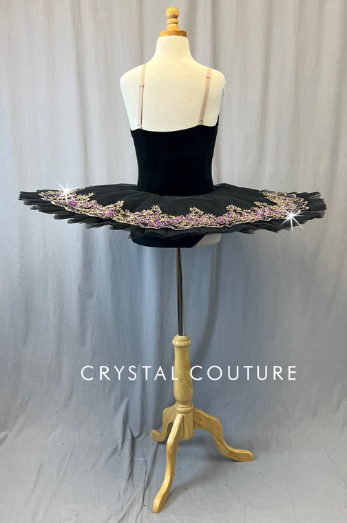 Black Platter Tutu with Purple and Gold Appliques - Rhinestones