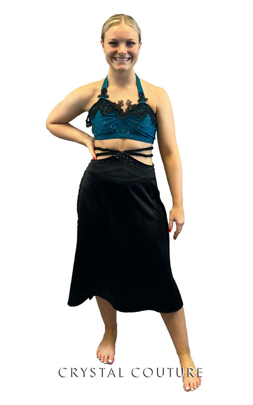 Lacy Teal Halter Top with Black Silky Criss Cross Skirt - Rhinestones