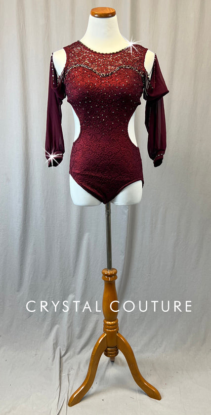 Burgundy Lace Cold Shoulder Leotard - Rhinestones