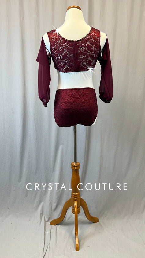 Burgundy Lace Cold Shoulder Leotard - Rhinestones