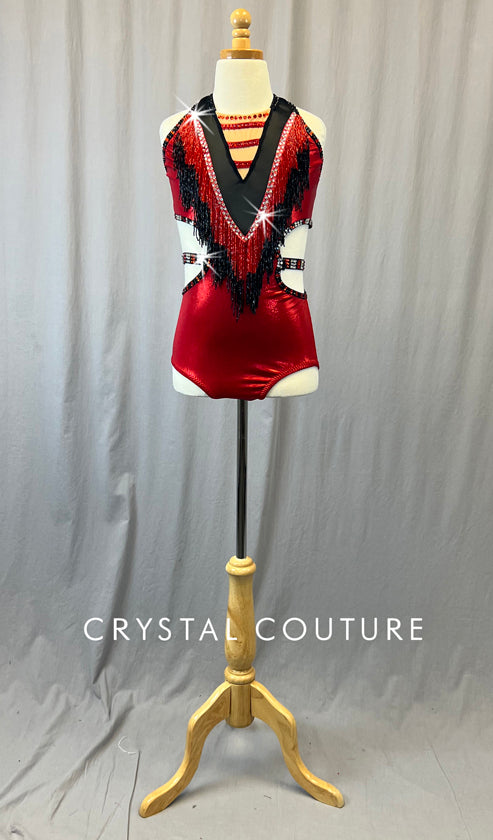 Custom Black & Red Leotard with Side Cutouts & Beaded Fringe - Rhinestones