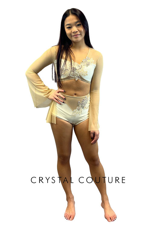 Nude Two Piece with Flutter Sleeves & Half Skirt - Rhinestones