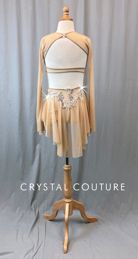 Nude Two Piece with Flutter Sleeves & Half Skirt - Rhinestones