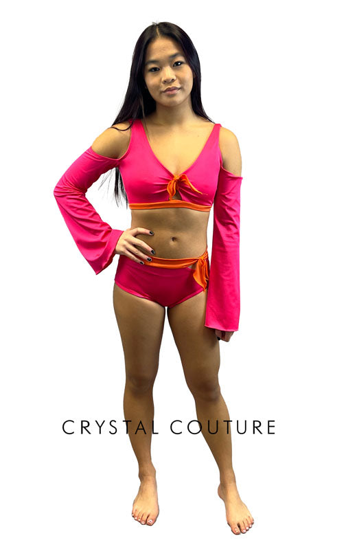 Pink and Orange Cold Shoulder Top with Bell Sleeves and Trunks