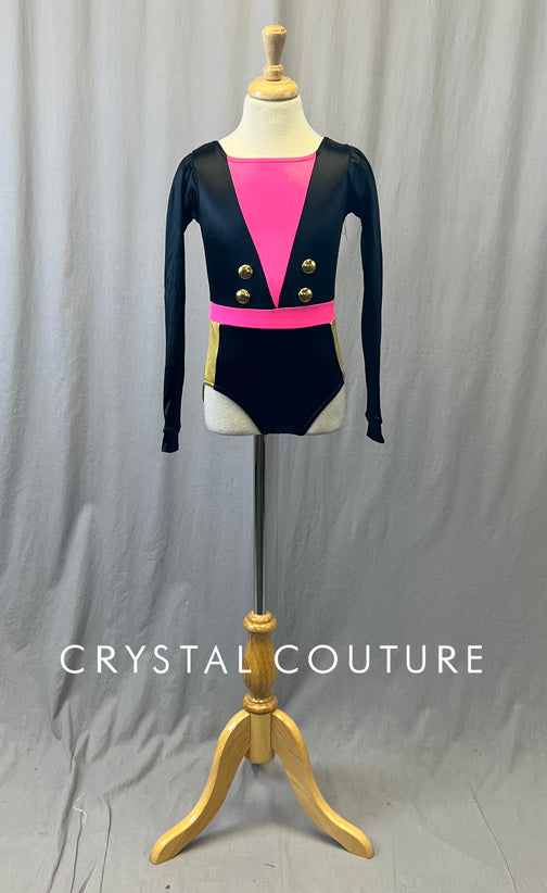 Black and Pink Long Sleeve Leotard with Gold Details