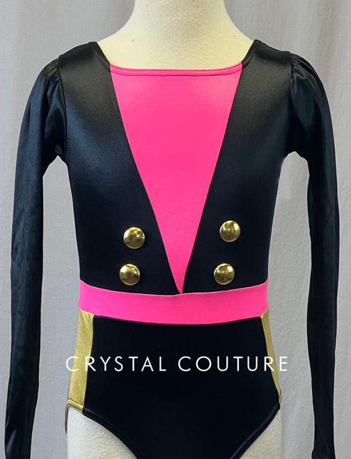 Black & Pink Long Sleeve Leotard with Gold Details