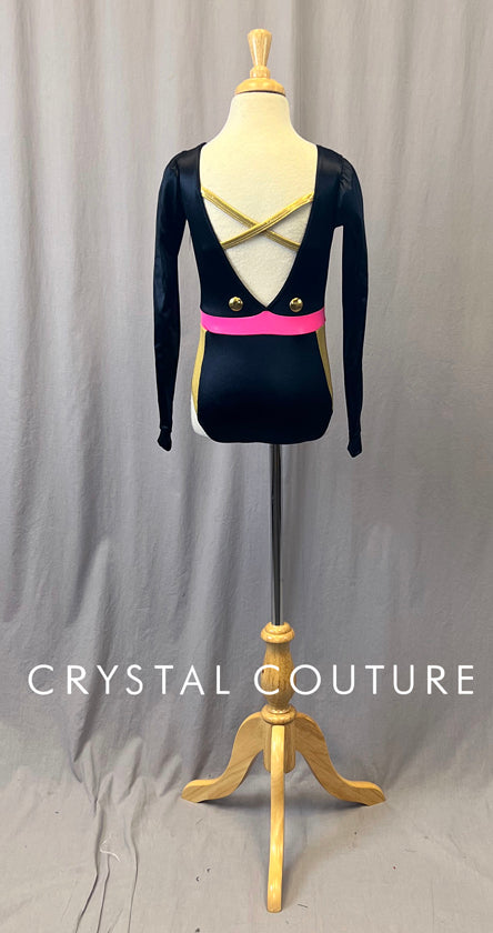 Black & Pink Long Sleeve Leotard with Gold Details