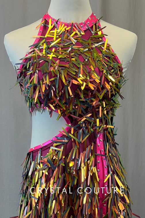 Iridescent Sequin Dress with Side Cut Out & Strappy Back - Rhinestones