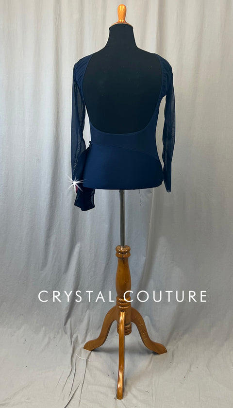 Navy Blue Leotard with Mesh Sleeves and Side Bustle - Rhinestones