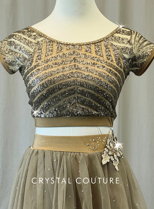 Golden Brown & Tan Sequined Crop Top with Mesh Skirt - Rhinestones