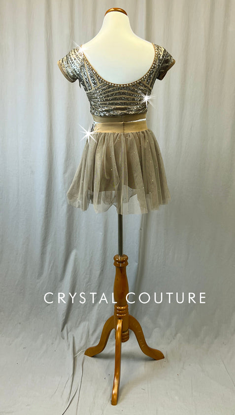 Golden Brown & Tan Sequined Crop Top with Mesh Skirt - Rhinestones