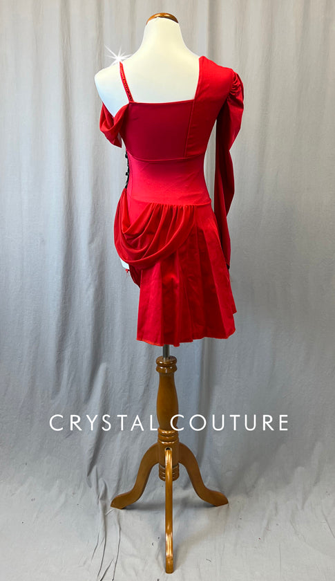 Red Asymmetrical Dress with Puff Sleeve and Corset Laced Detail - Rhinestones