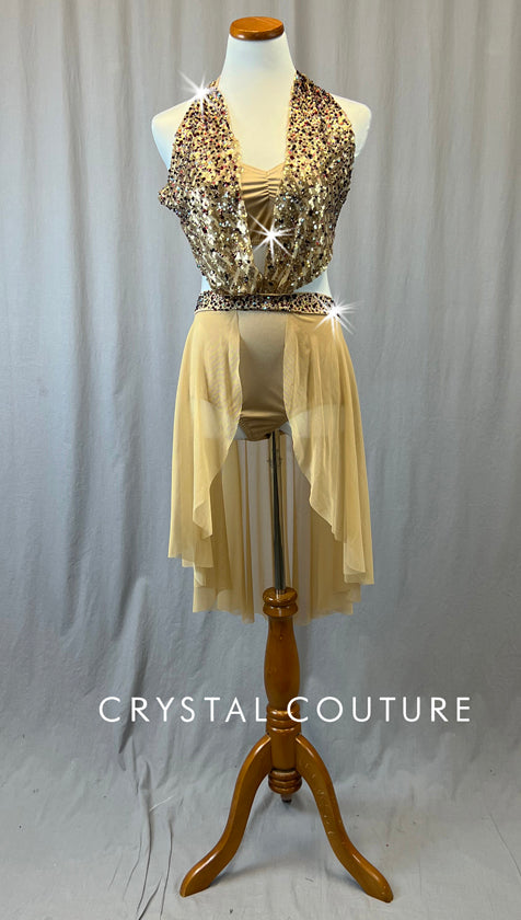 Nude Halter Dress with Mesh Half Skirt - Rhinestones