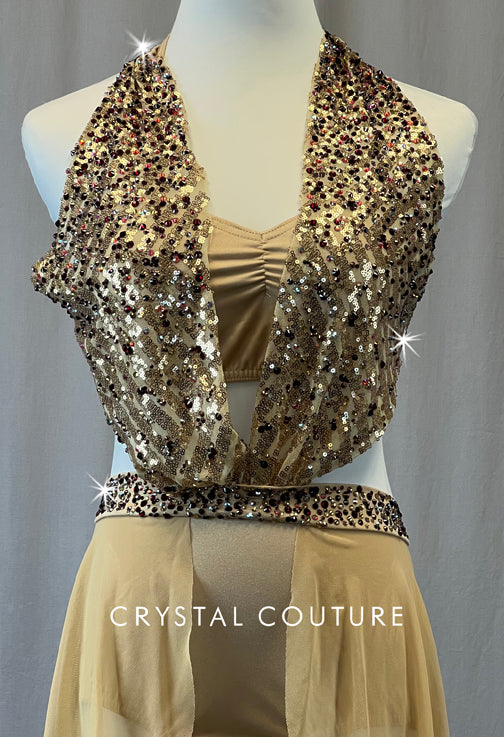 Nude Halter Dress with Mesh Half Skirt - Rhinestones
