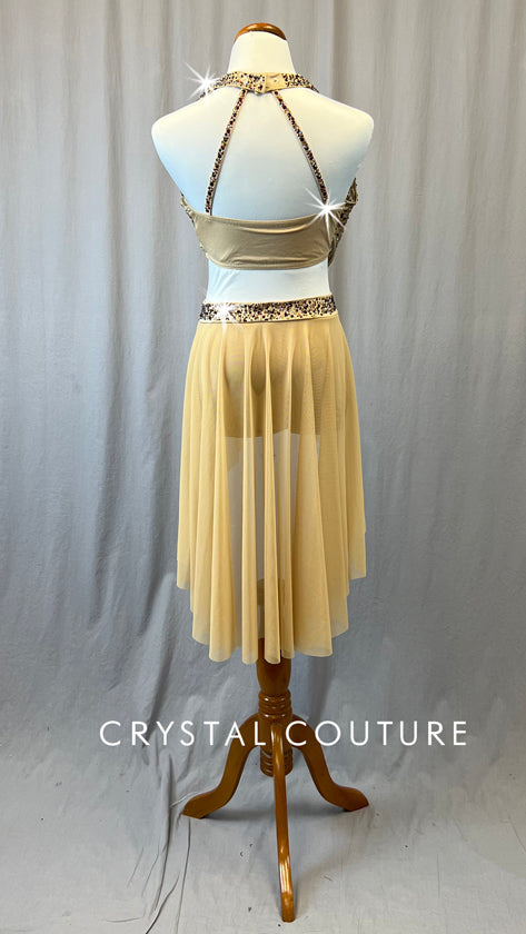 Nude Halter Dress with Mesh Half Skirt - Rhinestones