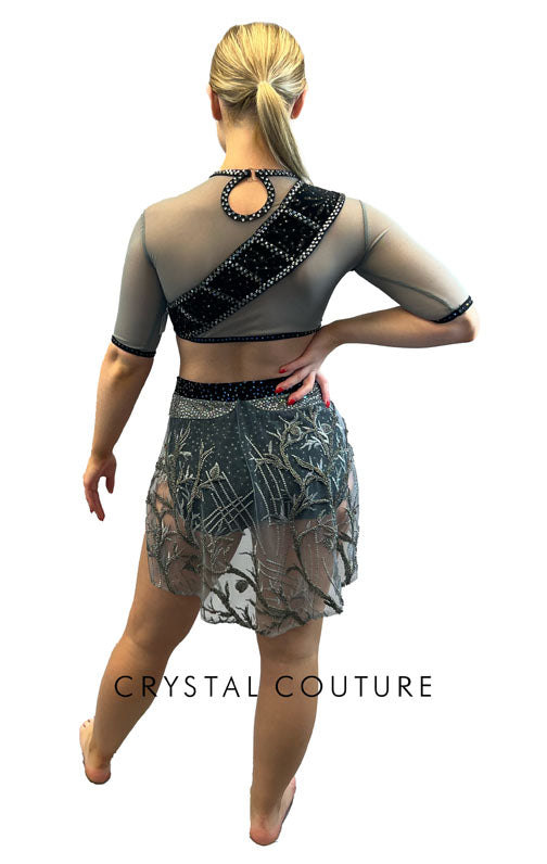 Custom Black and Grey Burnout Velour Two Piece with Back Skirt