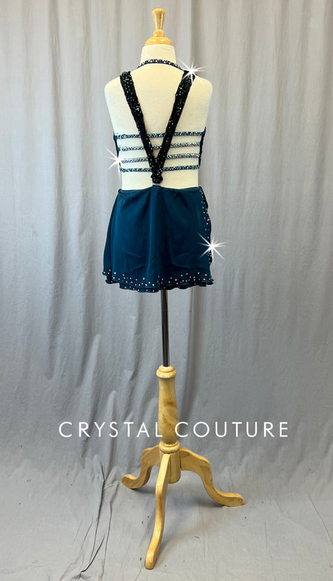 Custom Teal Two Piece with Black Lace and Short Skirt - Rhinestones & Appliques