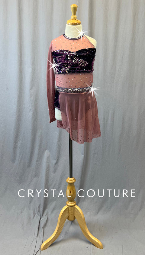 Custom Asymmetrical Mesh and Patterned Velour Leotard - Rhinestones - Size YM