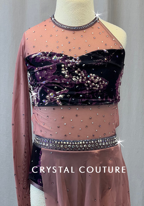 Custom Asymmetrical Mesh & Patterned Velour Leotard - Rhinestones