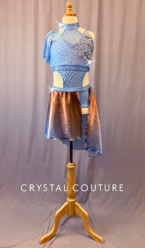 Custom Light Blue Asymmetrical Connected Two Piece with Flutter Sleeve & Ombre Skirt - Rhinestones