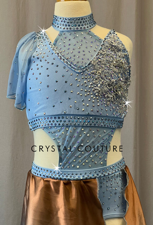 Custom Light Blue Asymmetrical Connected Two Piece with Flutter Sleeve & Ombre Skirt - Rhinestones