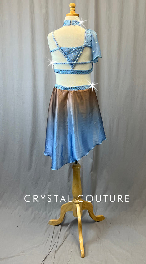 Custom Light Blue Asymmetrical Connected Two Piece with Flutter Sleeve & Ombre Skirt - Rhinestones