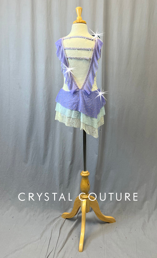 Custom Lavender Leotard with Tiered Mesh Skirt- 3D Floral Appliques & Rhinestones