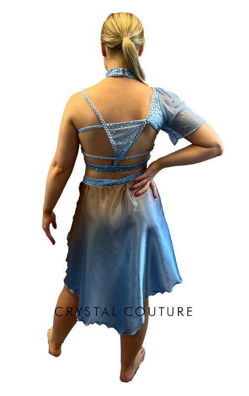 Custom Light Blue Asymmetrical Two Piece with Flutter Sleeve & Ombre Skirt - Rhinestones