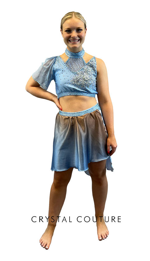 Custom Light Blue Asymmetrical Two Piece with Flutter Sleeve & Ombre Skirt - Rhinestones