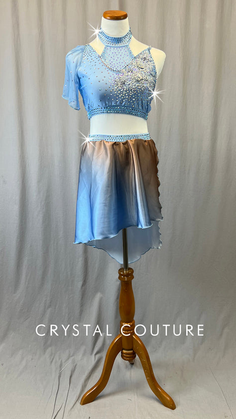 Custom Light Blue Asymmetrical Two Piece with Flutter Sleeve & Ombre Skirt - Rhinestones