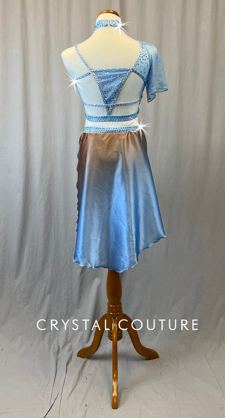 Custom Light Blue Asymmetrical Two Piece with Flutter Sleeve & Ombre Skirt - Rhinestones
