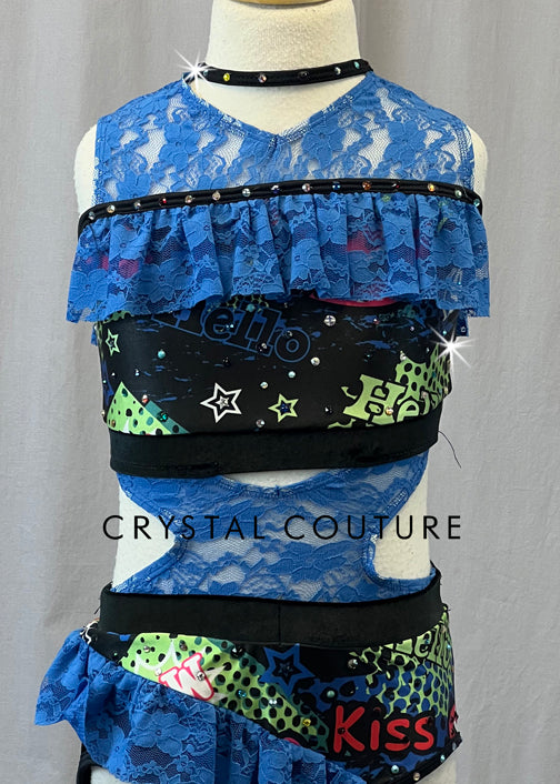 Custom Black Graphics Two Piece with Blue Lace - Rhinestones