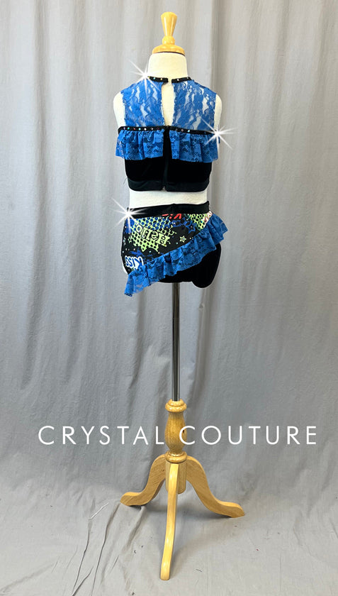 Custom Black Graphics Two Piece with Blue Lace - Rhinestones