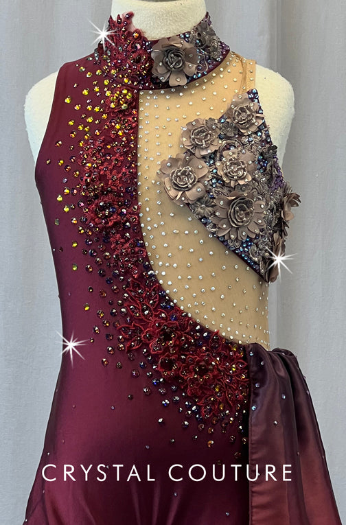 Custom Burgundy Biketard with Ombre Side Skirt & Mesh Cutouts - Appliques & Rhinestones