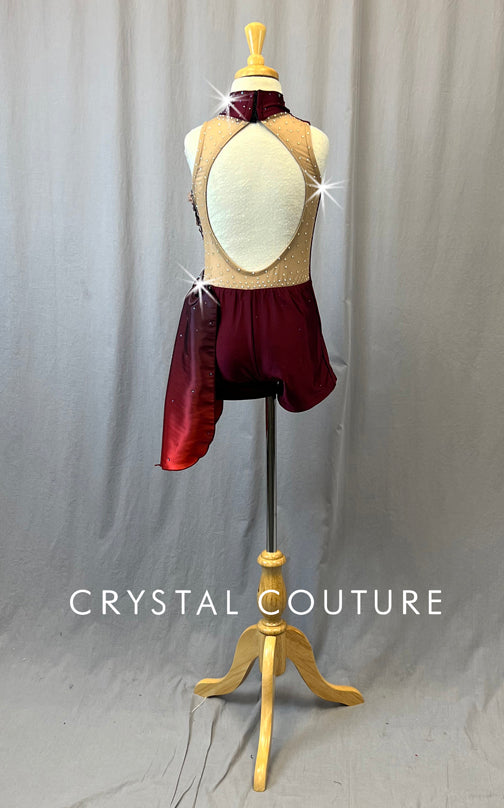 Custom Burgundy Biketard with Ombre Side Skirt & Mesh Cutouts - Appliques & Rhinestones