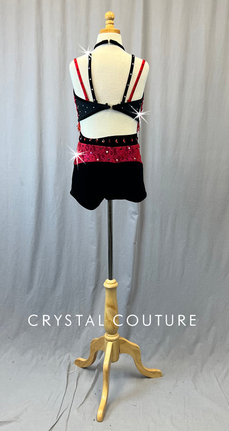 Custom Red & Black Lace Strappy Two Piece with Beaded Fringe - Rhinestones