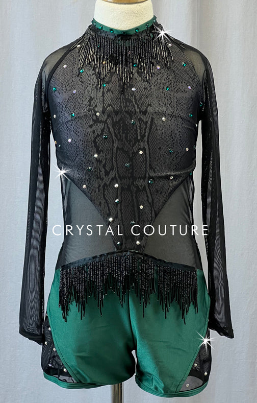 Custom Black & Green Snake Skin Biketard with Beaded Fringe - Rhinestones