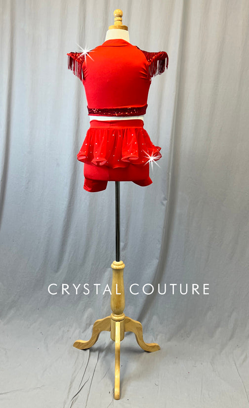 Red Connected Zip Front Biketard with Padded Shoulders Skirt - Rhinestones