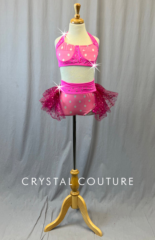 Pink Polka Dot Two Piece with Tulle Half Skirt - Rhinestones
