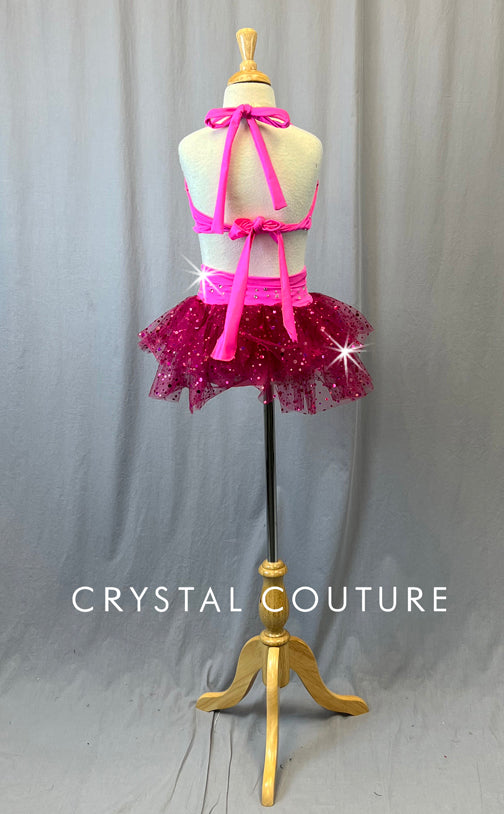 Pink Polka Dot Two Piece with Tulle Half Skirt - Rhinestones