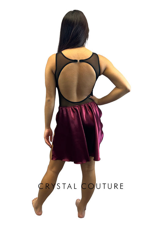 Custom Black Mesh Leotard with Burgundy Half Skirt - Rhinestones & Appliques