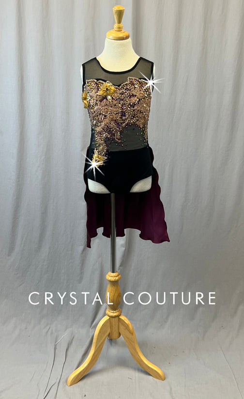 Custom Black Mesh Leotard with Burgundy Half Skirt - Rhinestones & Appliques