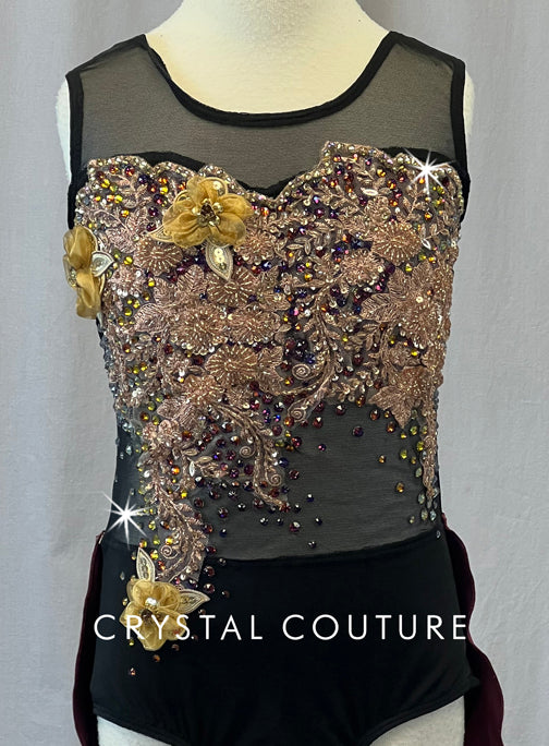 Custom Black Mesh Leotard with Burgundy Half Skirt - Rhinestones & Appliques