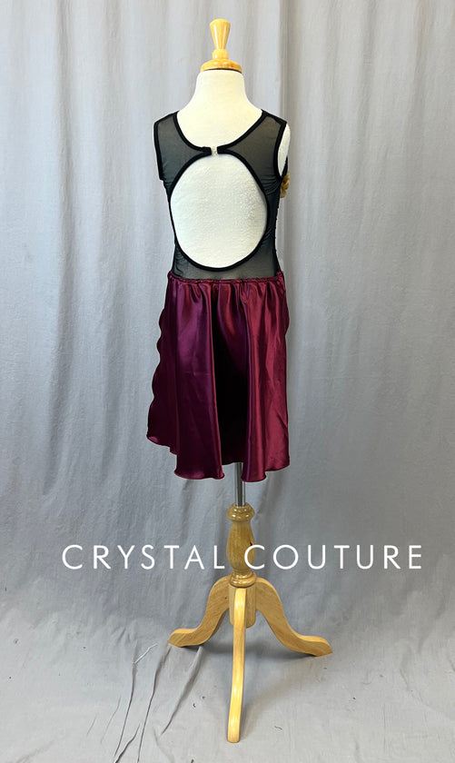 Custom Black Mesh Leotard with Burgundy Half Skirt - Rhinestones & Appliques