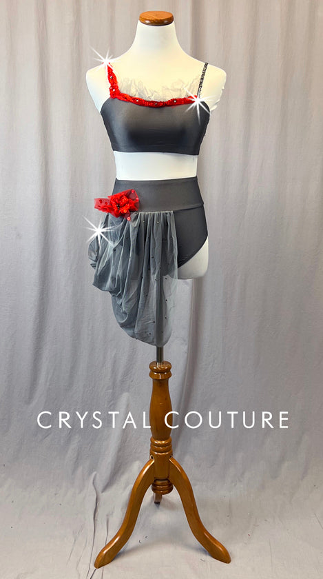 Dark Gray Lycra Two Piece with Red Accents and Side Bustle - Rhinestones