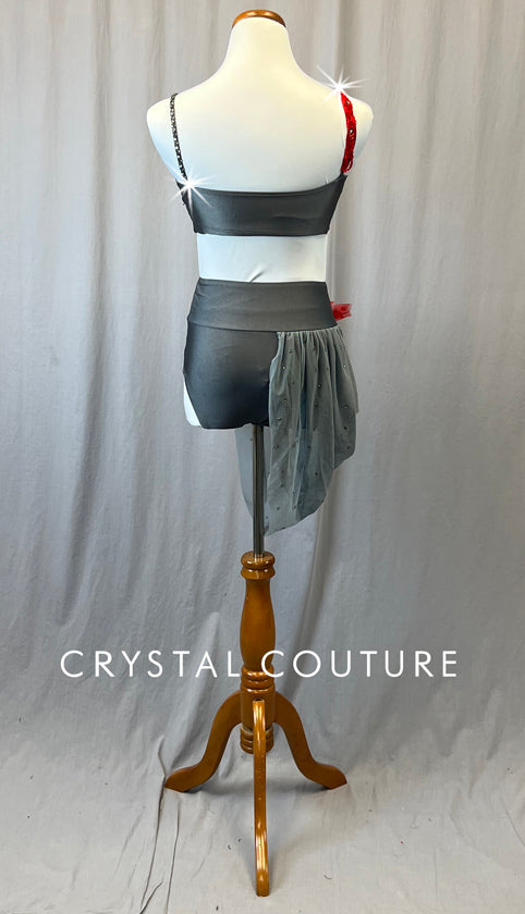 Dark Gray Lycra Two Piece with Red Accents & Side Bustle - Rhinestones